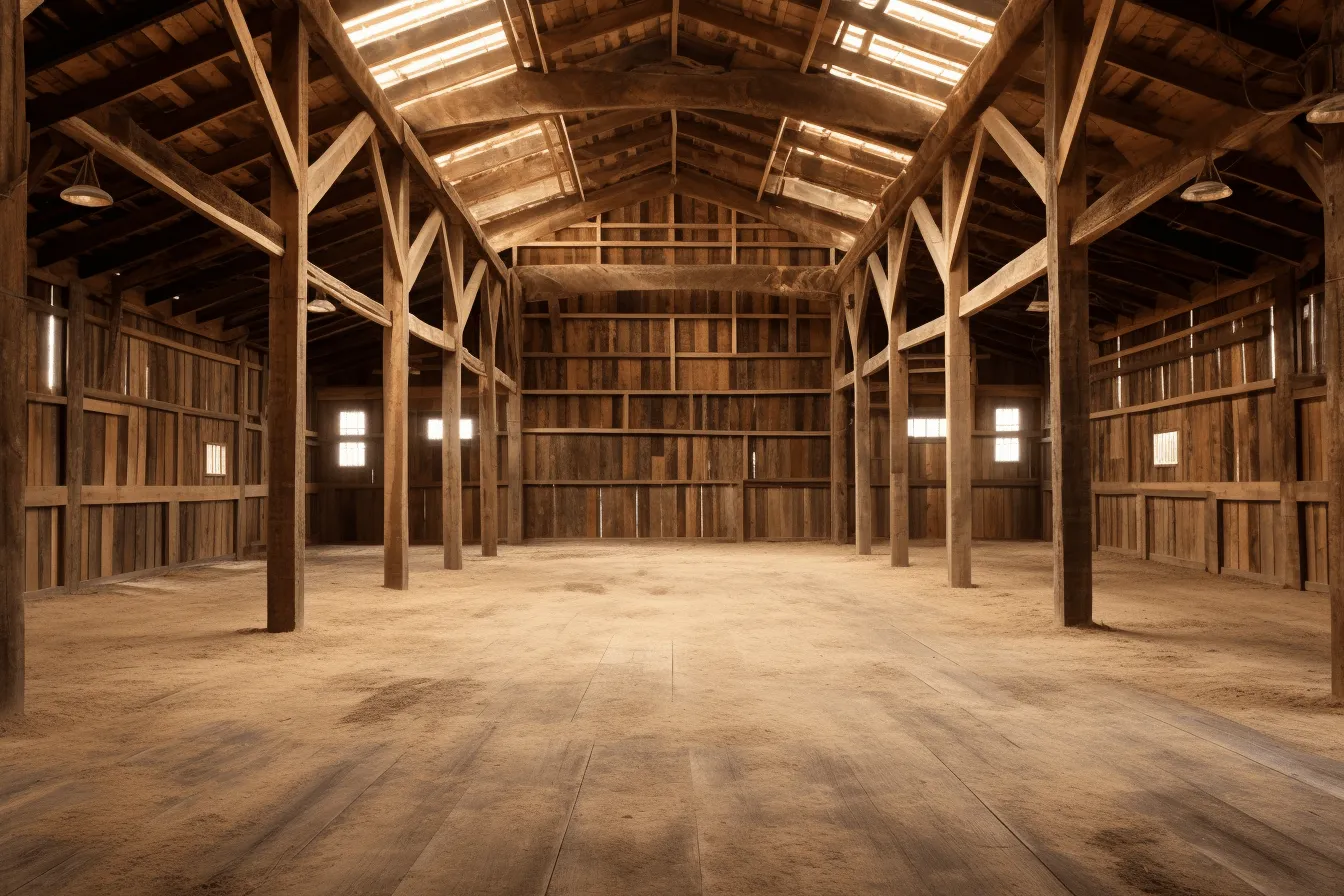 Empty wooden barn with a white floor, expansive spaces, dusty piles, bold use of light, light amber, manapunk, unpolished authenticity, intricate ceiling designs