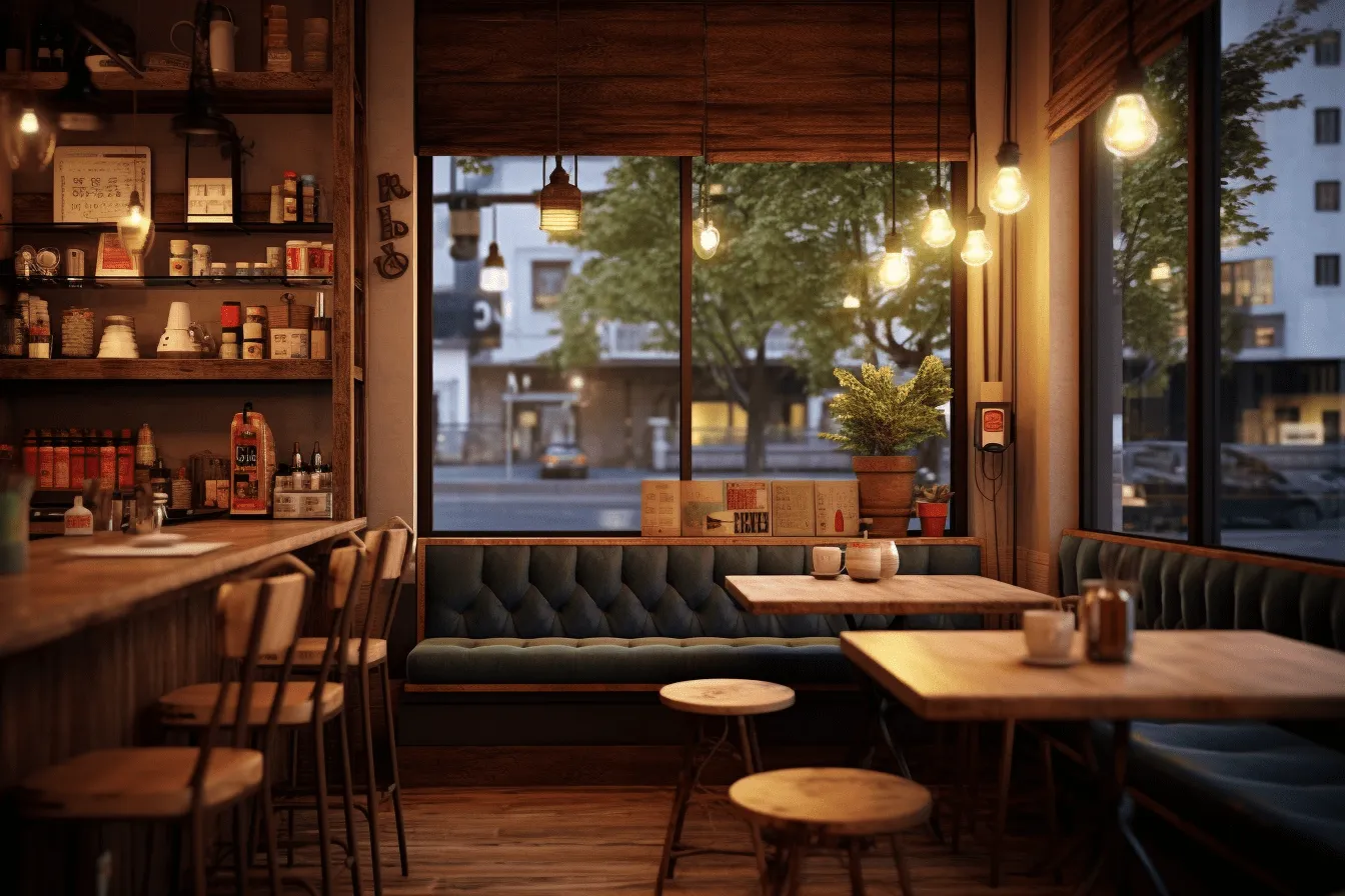 Bar has many couches, vray tracing, photorealistic urban scenes, norwegian nature, soft atmospheric scenes, rusticcore, vray, golden light