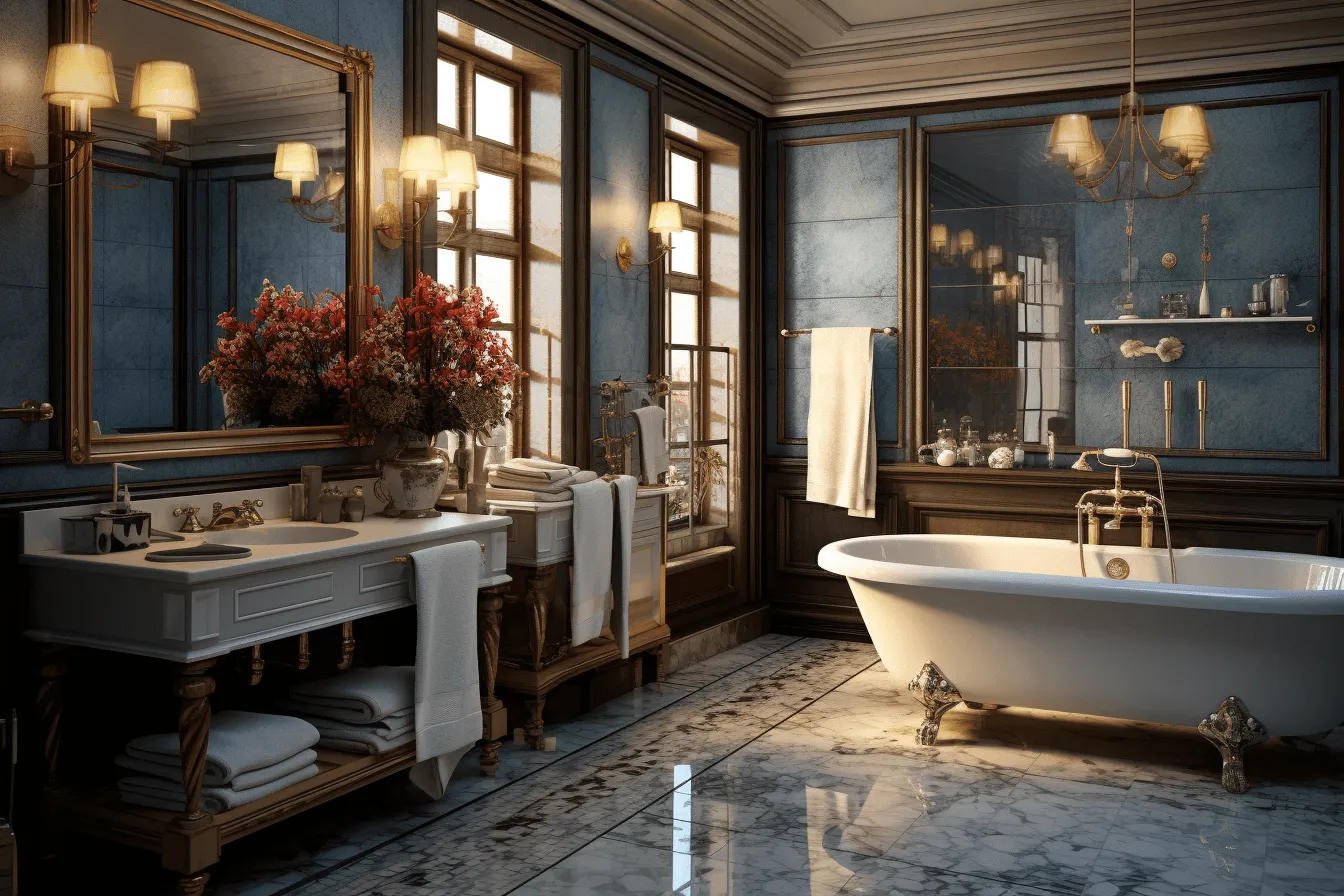 Embroidered tub is in a blue bathroom with a chandelier, vray tracing, classical, historical genre scenes, high gloss, cinematic elegance, dark gray and brown, 32k uhd, grandiose landscapes