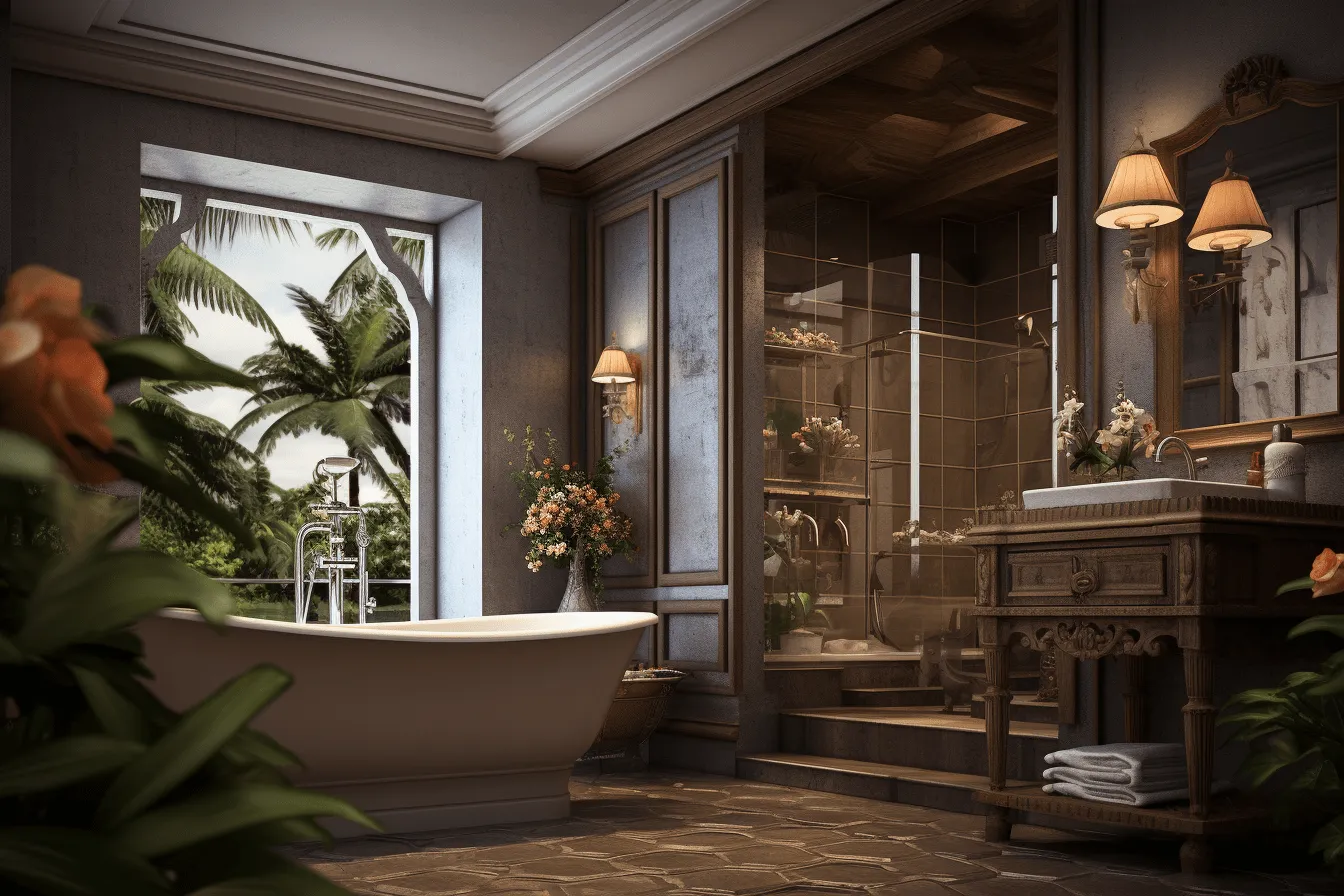 Bathroom that has plants and furniture in it, neoclassical scenes, vray, traditional vietnamese, detailed marine views, light bronze and dark amber, 32k uhd, porcelain