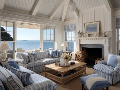 Beautiful Coastal Home With White Furniture And Blue Stripe Carpets For Coastal Beach Home Decorating Ideas