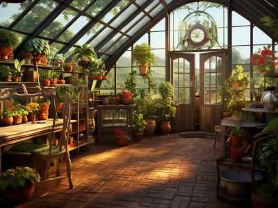 Beautiful Greenhouse Full Of Plants, Flowers And Pots