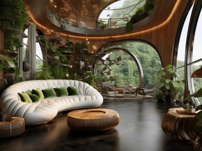 Beautiful Living Room Inside A Circular Building With Plants All Around