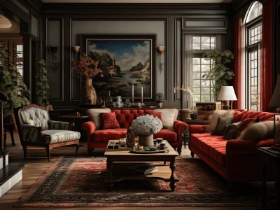 Beautiful Living Room With Red Furniture And Dark Walls
