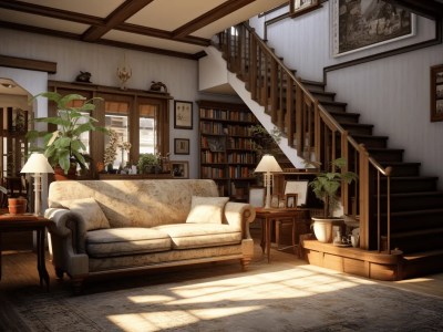 Beautiful Room With A Staircase With A Beige Sofa
