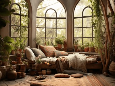 Bed With Plants On It In Front Of Two Windows