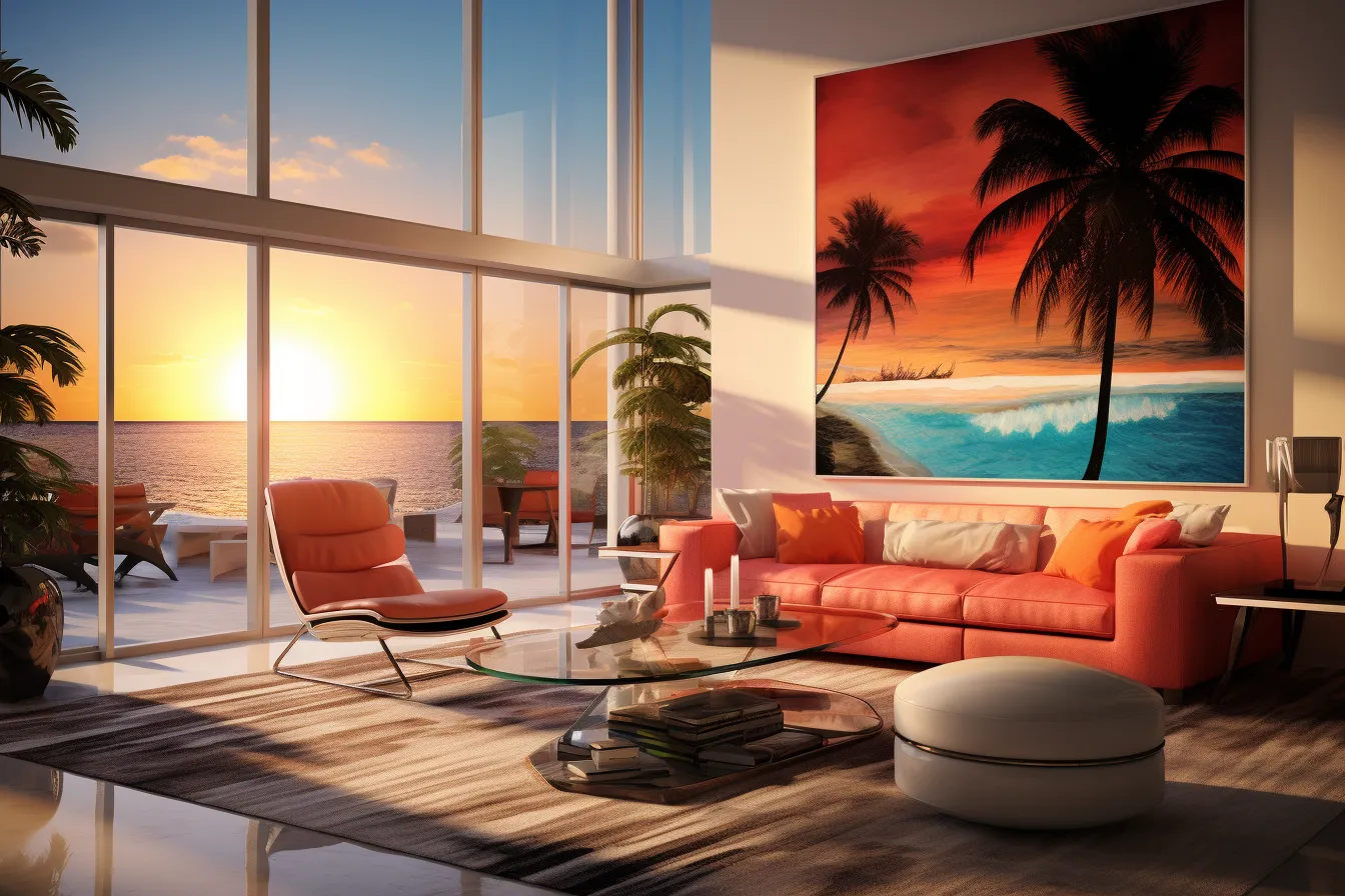 Beach house living room with a tropical theme, realistic hyper-detailed rendering, orange and amber, backlit photography, oku art, contemporary conceptual, dramatic vistas, maranao art