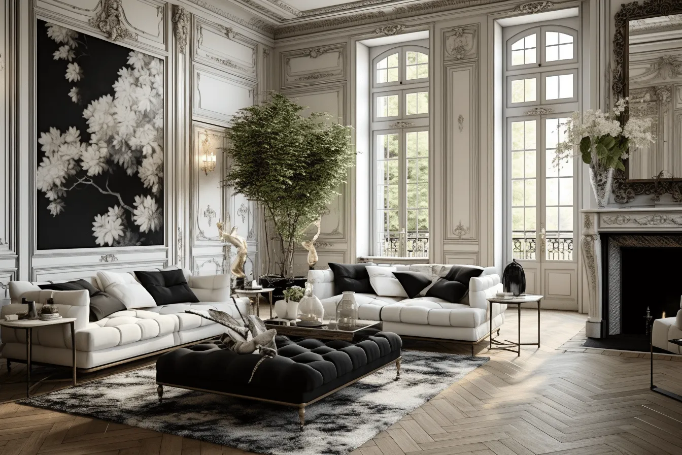 Elegant living room with fireplace and furniture in french rococo style, expressive black and white, highly detailed foliage, postmodern minimalism, rich and immersive, minimalist staging, metallic finishes, vignettes of paris