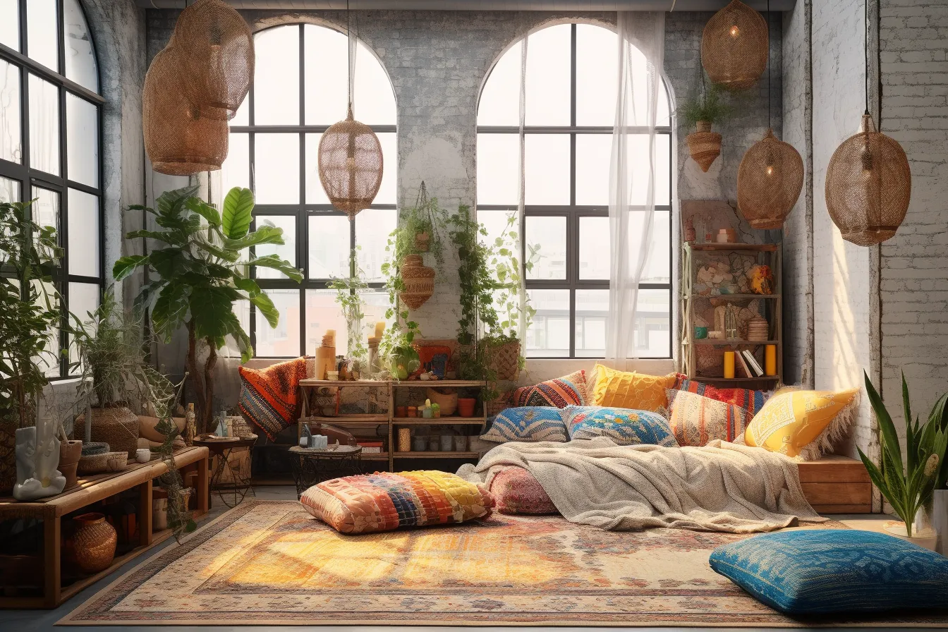 Beautiful bohemian living room with plants on a large window area and couches, vray tracing, rustic scenes, industrial-inspired, multi-layered, mediterranean-inspired, uhd image, frequent use of yellow