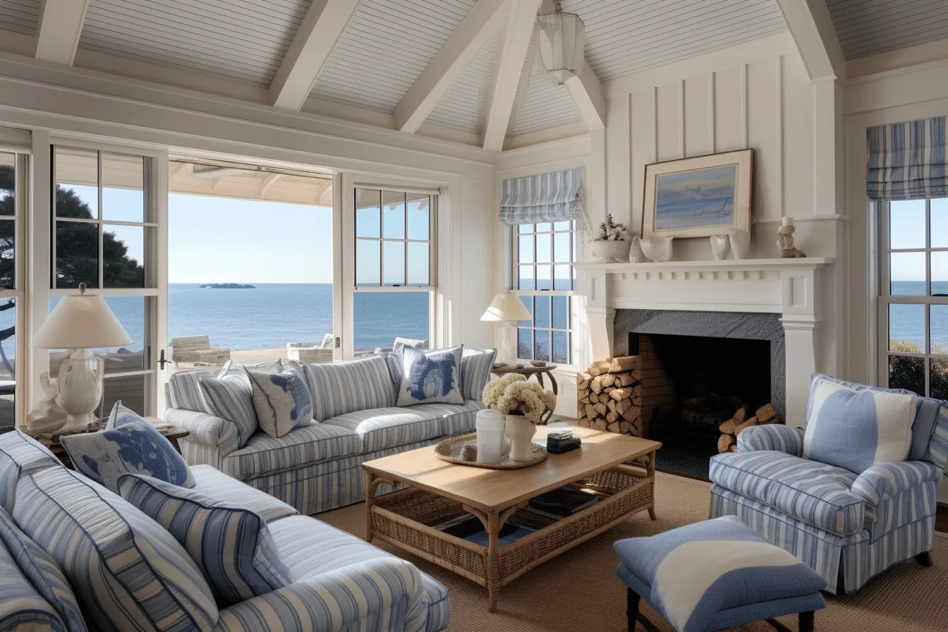 Sea shore bedroom ideas blue and white living room, highly staged scenes, romanticized views, cabincore, distinct framing, american tonalist, architectural influence, authentic details