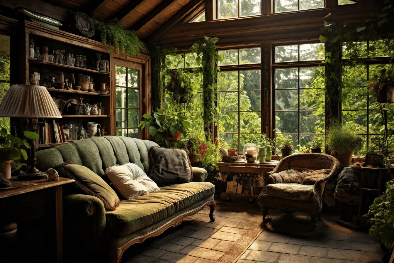 This room is full of plants and is really green, vignetting, solarizing master, atmospheric woodland imagery, photorealistic details, cabincore, golden light, outdoor scenes