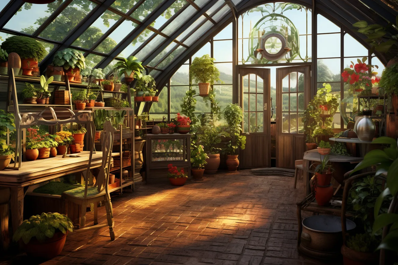 Greenhouse showing pots growing on a table, matte painting, highly detailed illustrations, sunrays shine upon it, i can't believe how beautiful this is, realistic scenes, arched doorways, cabincore