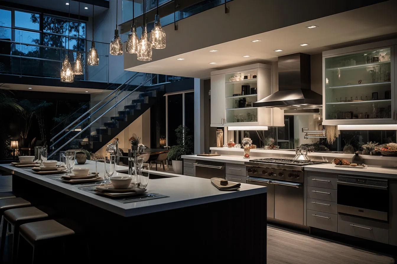Dark kitchen with stairs that lead upstairs, silhouette lighting, precisionist style, 32k uhd, contemporary glass
