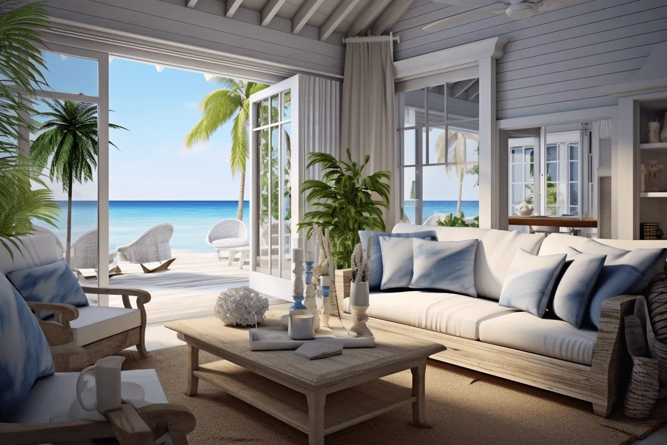 Beautiful image of a wooden living room in front of the ocean, soft renderings, reefwave, anglocore