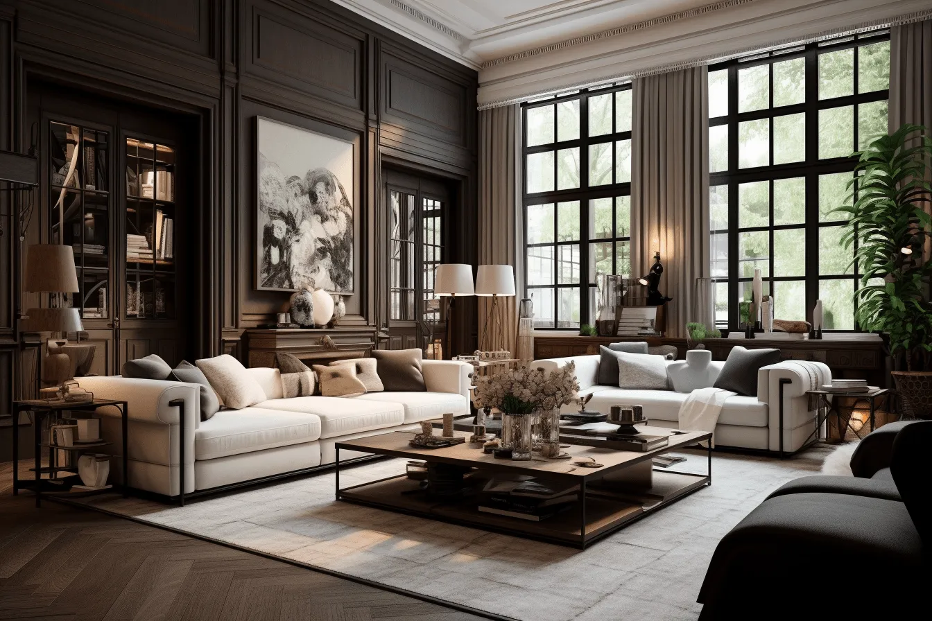 Beautiful living room design with brown, black, and white furniture, vray tracing, 19th century french academy, luxurious textures, rich and immersive, hyper-detailed