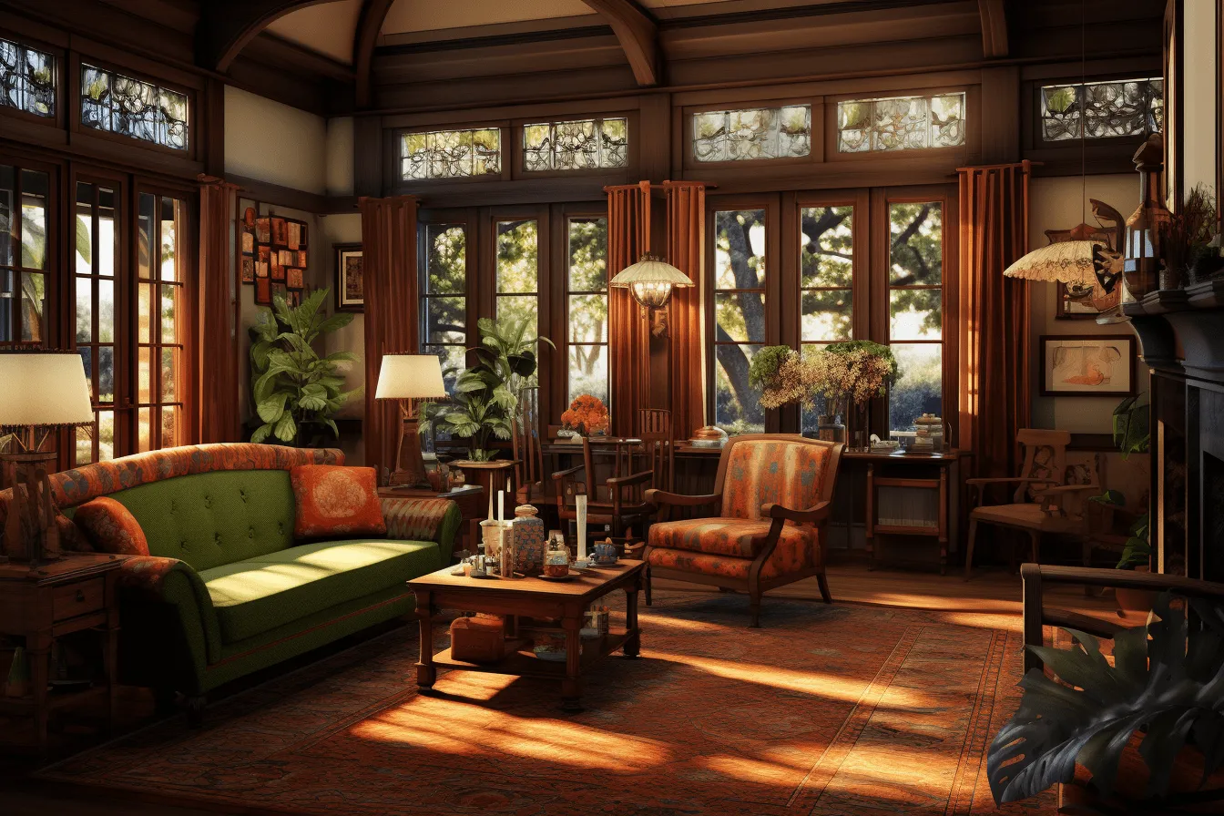 This is a room, realistic hyper-detailed rendering, detailed foliage, dark amber and green, 32k uhd, edwardian beauty, weathercore, sunrays shine upon it