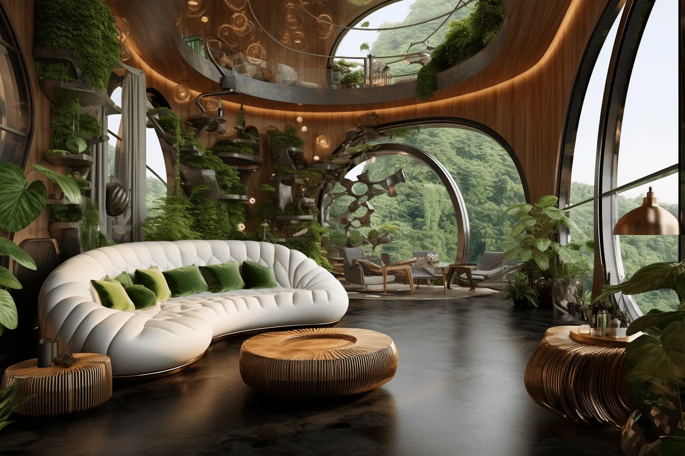 Living room with green plants and lots of plants, futuristic architecture, romanticized views, organic biomorphic forms, adventure themed, mountainous vistas, dark white and brown, luxurious