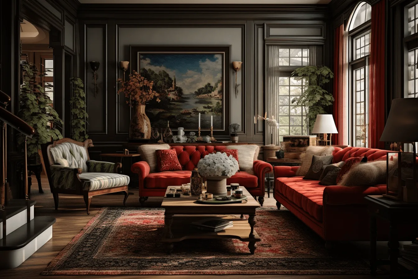 Picture of a living room has red furniture, vray, classical, historical genre scenes, moody and tranquil scenes