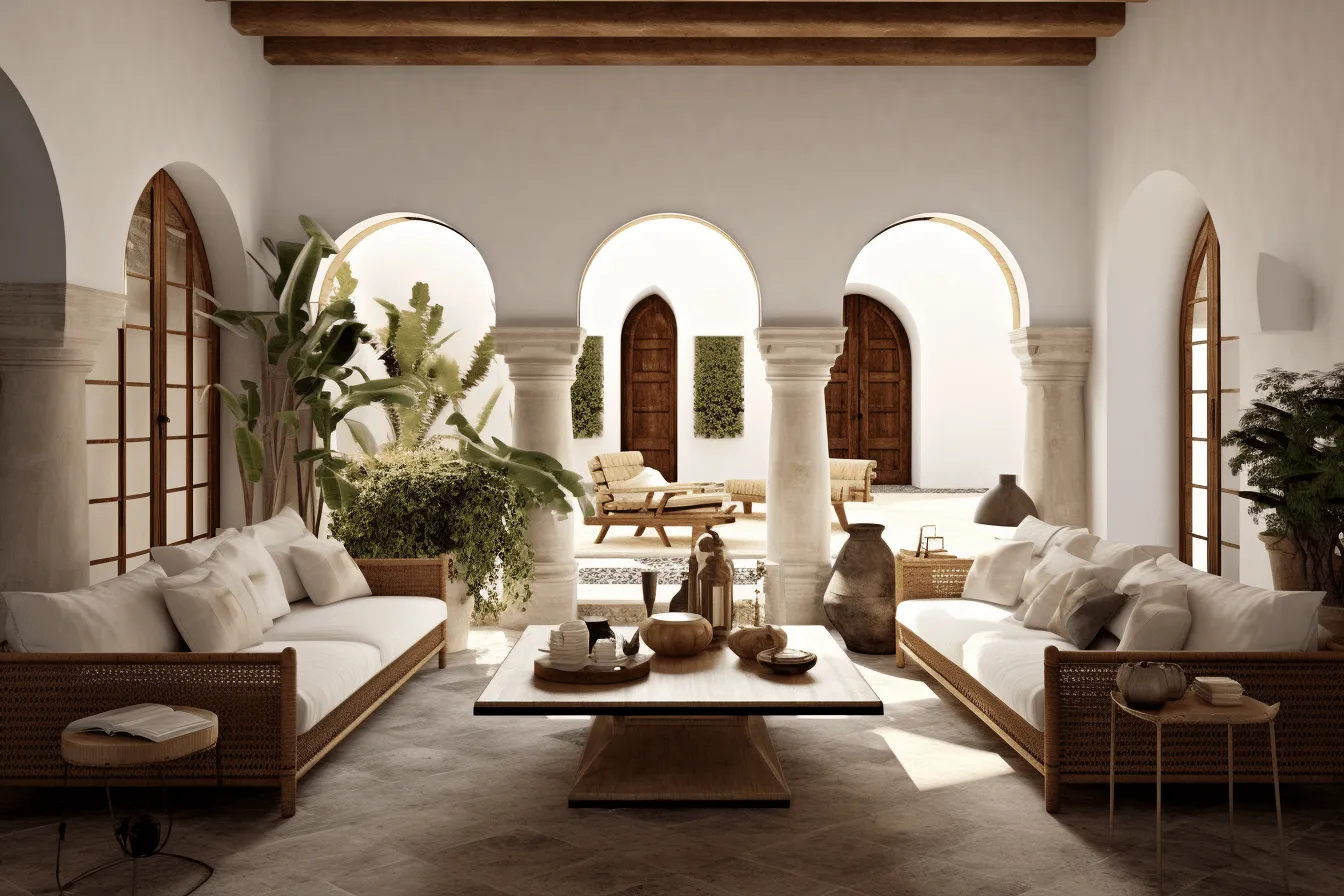 Interior modern style design  mediterranean, detailed architectural scenes, dark white and light brown, rustic americana, 32k uhd, outdoor scenes, terracotta, exotic atmosphere