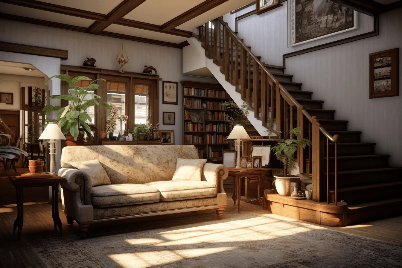 Wood floor and stairs in a house, unreal engine 5, soft, romantic scenes, realistic and hyper-detailed renderings, anglocore, eerily realistic