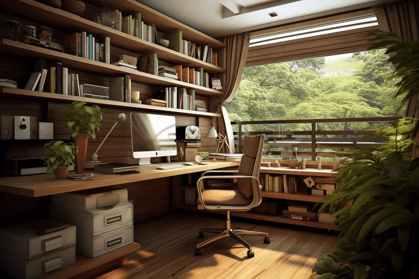 Desk is on a large table, captures the essence of nature, rendered in maya, windows vista, bibliopunk, warm tones, highly detailed foliage, eco-architecture