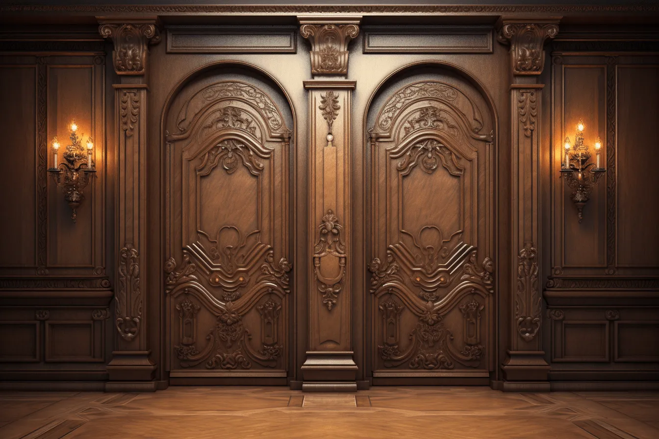 3d wooden door with clocks and chandelier, intricate woodwork, luxurious interiors, theatre academia, rich and tonal, beautiful interiors, study, biblical grandeur