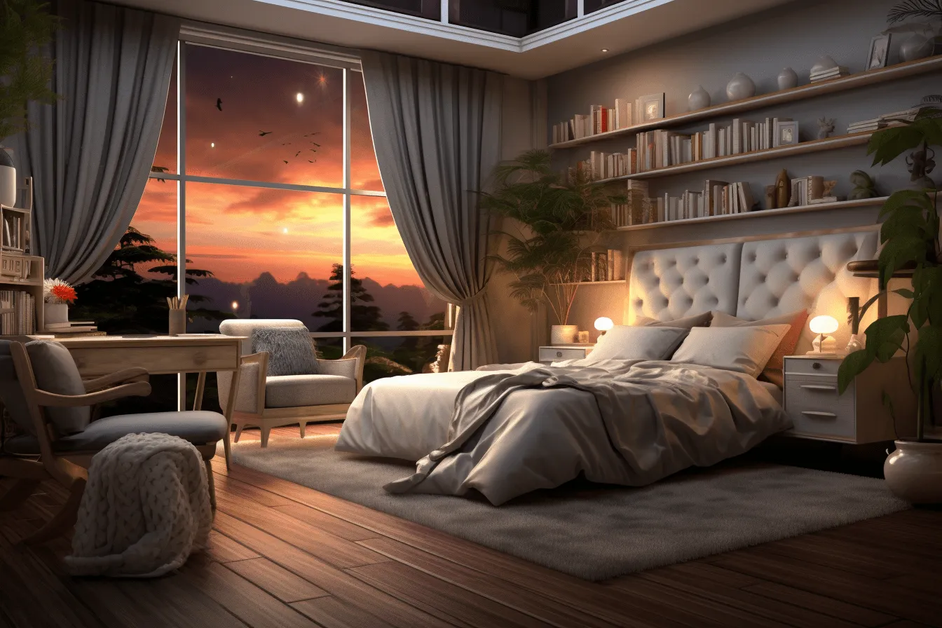 Bedroom has wood floors, dreamlike illustration, richly colored skies, photorealistic renderings, tokina at-x 11-16mm f/2.8 pro dx ii, uhd image, dark gray and orange, vignetting