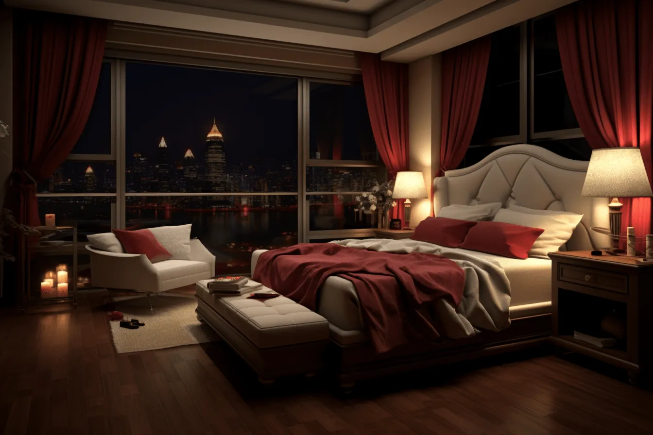 Bed on wood floors, elegant cityscapes, dark red and light beige, soft, atmospheric lighting, 32k uhd, classic americana, realistic rendering, romantic chiaroscuro