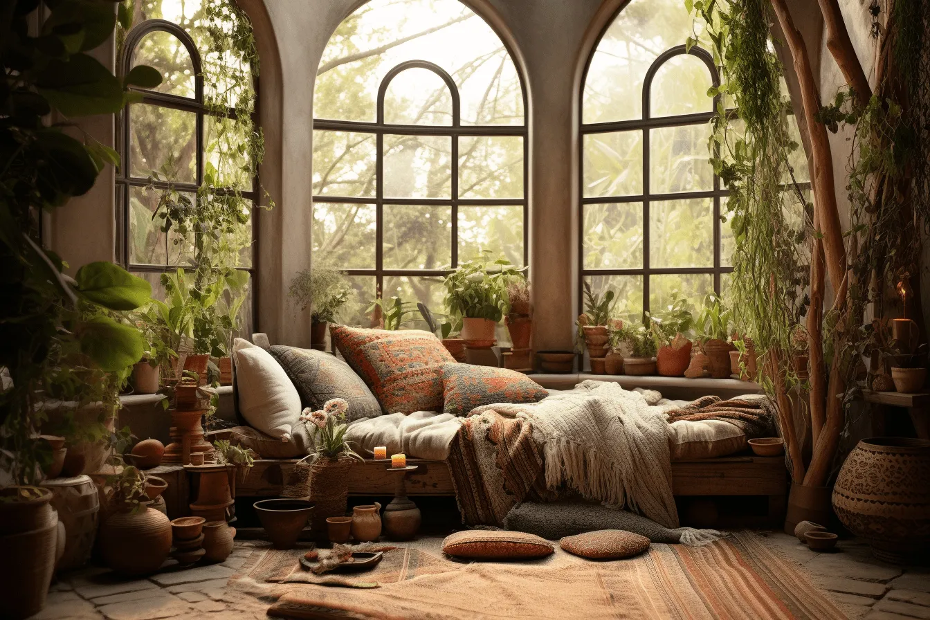 Archway with an awning over a bed with plants in it, earthy color palettes, dusty piles, whimsical ceramics, solarizing master, sleepycore, multi-layered, rug