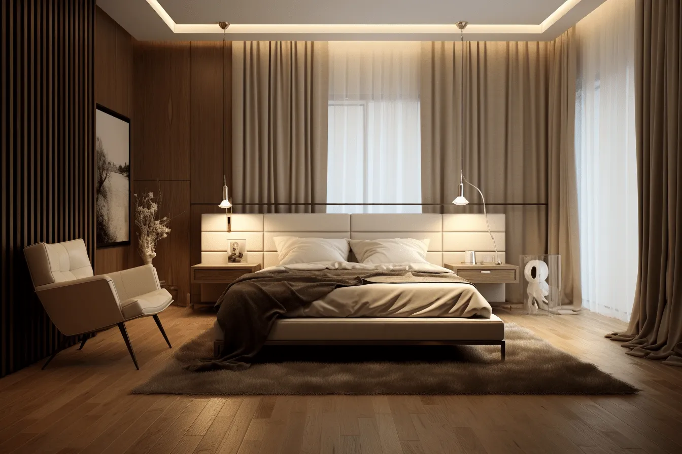 Bedroom is highlighted with wood floors and lamps, vray tracing, monochromatic masterpieces, dark beige, wood, layered lines, soft-edged, fine detailed