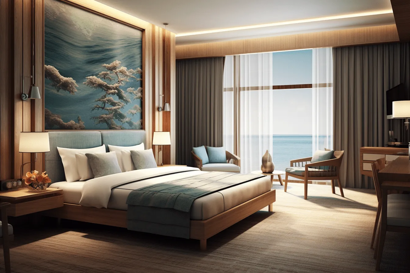 Interior hotel, realistic seascapes, asian-inspired motifs, light aquamarine and brown, 8k resolution, coastal landscapes, high-contrast shading, harmony with nature