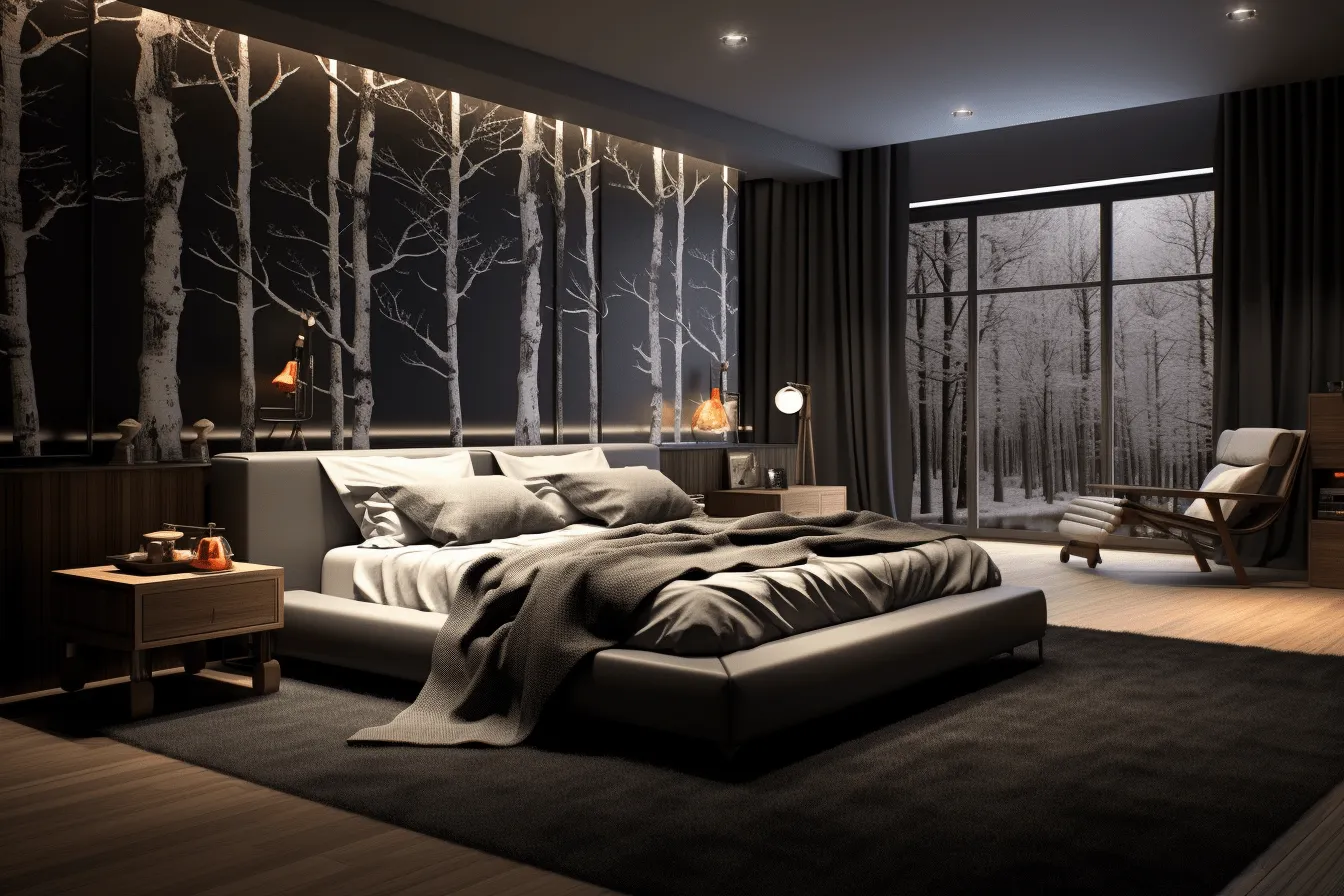 Bedroom decorated for the winter solstice in blacks and greys with snow on the walls, naturalistic rendering, 32k uhd, realistic chiaroscuro lighting, australian landscape, dark white and light amber, trace monotone, elegant lines