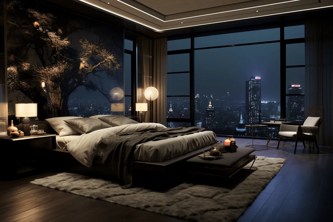 Black bed in a room with black walls, naturalistic cityscapes, vray tracing, uhd image, beijing east village, dark white and amber, dreamy and romantic, cabincore