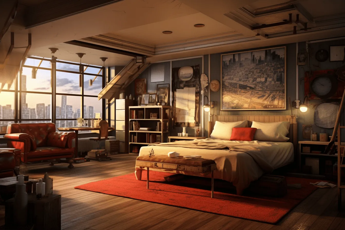 Red bed with a city view, unreal engine 5, dieselpunk, interior scenes, golden light, living materials, eerily realistic, cabincore