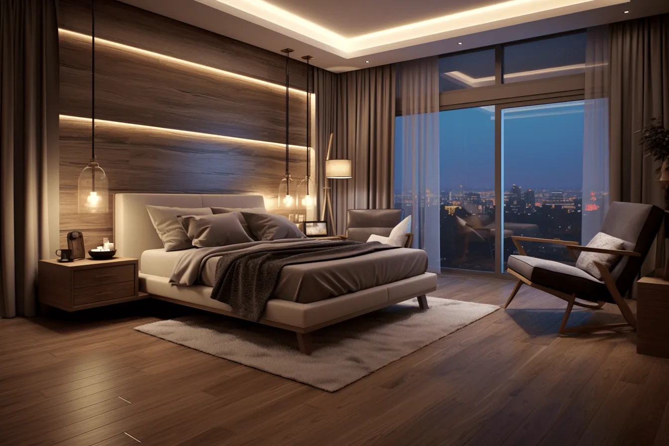 3d interior bedroom wallpapers, moody lighting, 32k uhd, light bronze and light amber, atmospheric ambience, varying wood grains, high-angle, urban landscape