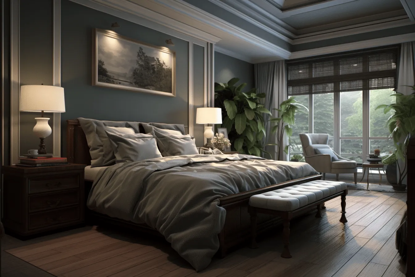 Bed looking out into the darkened room, vray tracing, classical style, navy and gray, uhd image, traditional vietnamese, solarizing master, high gloss