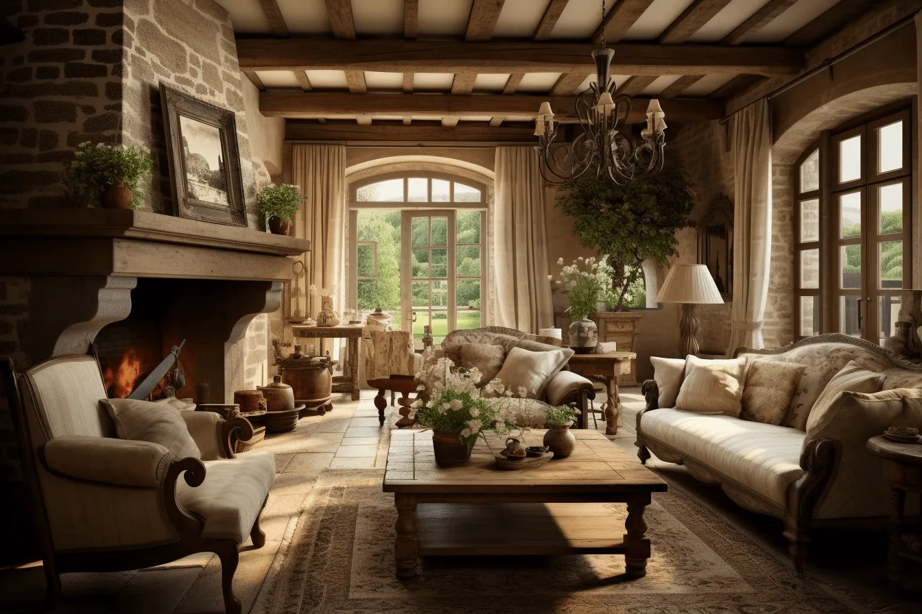 Stone fireplace is in the room, highly staged scenes, realistic yet romantic, rendered in maya, earthy tones, lush and detailed, enchanting lighting, french countryside
