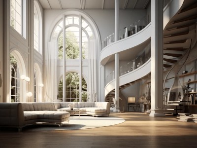 Big Living Room With High Ceilings And A Spiral Staircase