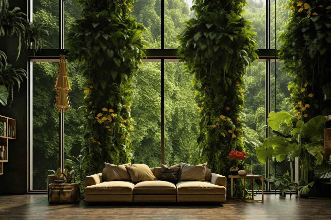 Big living room with lots of green plants on the side of the window, moody tonalism, dark amber and green, organic architecture, mountainous vistas, tropical baroque, metallic finishes, outdoor scenes