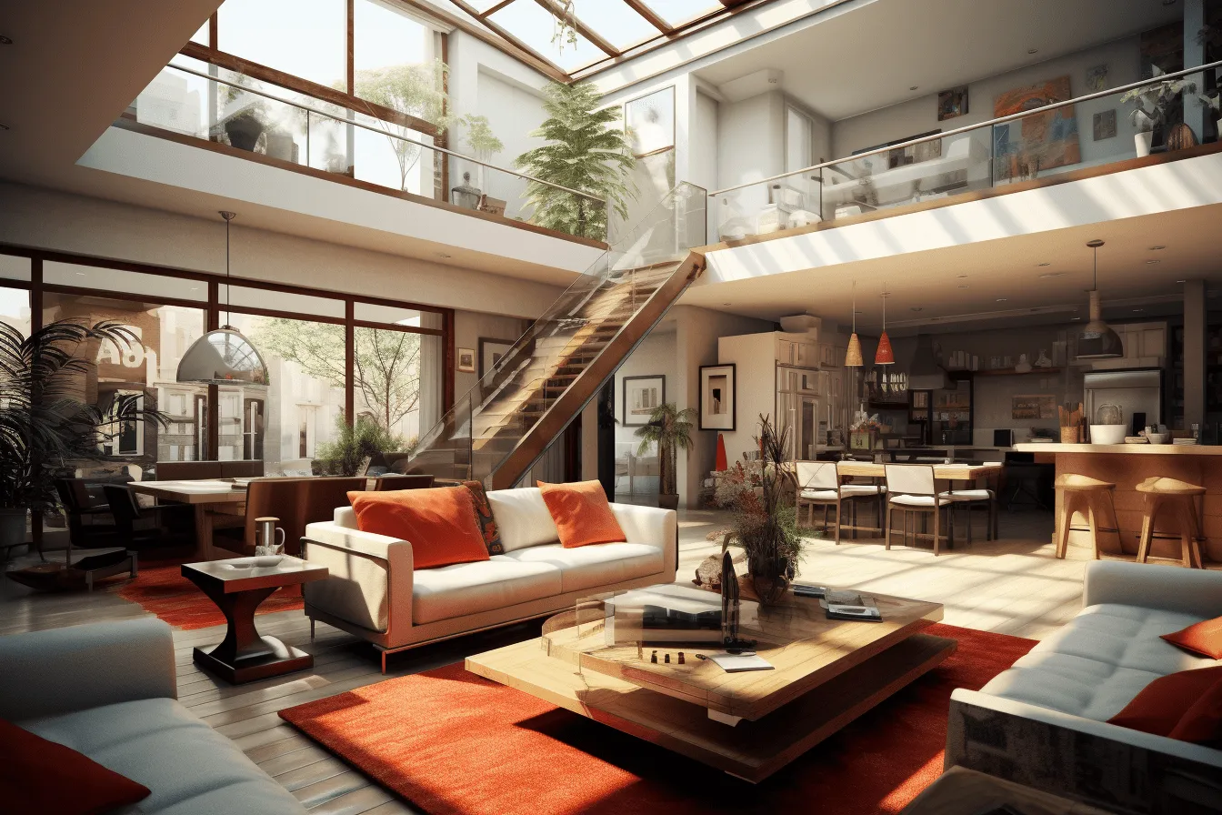 Living room with ceiling over the fireplace and an orange couch, transparent layers, sharp perspective angles, weathercore, light-filled scenes, industrial elements, highly detailed foliage, high contrast lighting