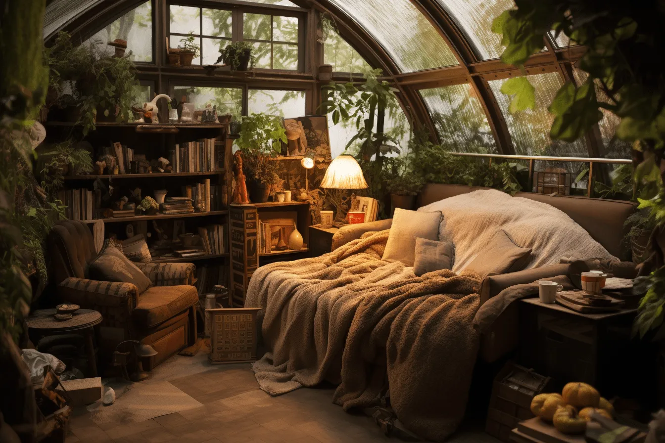 Bed with books on it and flowers, cinematic sets, earthy naturalism, dreamlike architecture, soggy, uhd image, forestpunk, high-key lighting