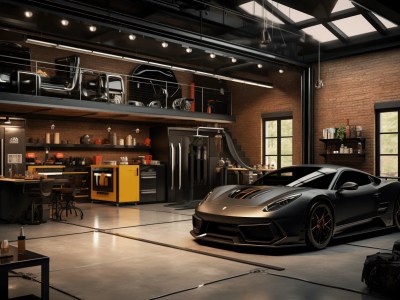Black And Grey Sports Car In An Industrial Garage