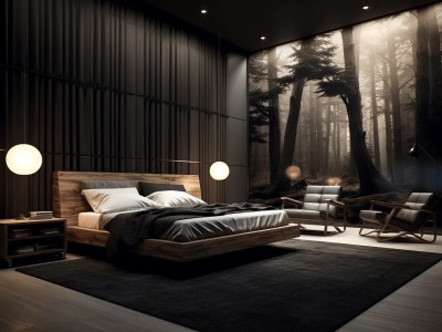 Black And White Bedroom With A Dark Forest