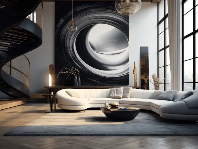 Black And White Living Room With A Spiral Staircase And A Black Couch