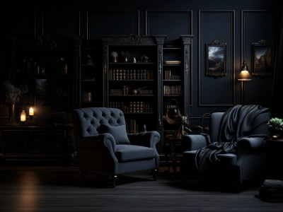 Black Dark Room With Blue Chairs Surrounded By Bookshelves