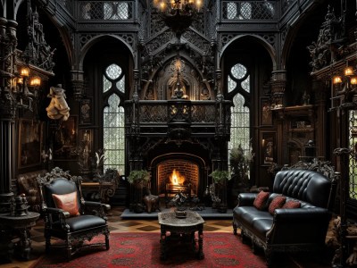 Black, Gothic Looking Fireplace In A Room
