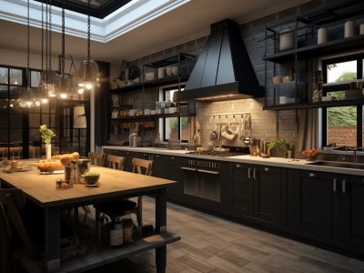 Black Kitchen With Black Cabinets And Wood Table