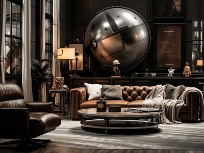 Black Living Room With Brown Leather Furniture And A Globe Light