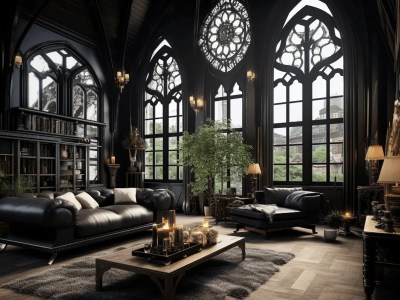 Black Living Room With Couches, A Chandelier, And Gothic Windows