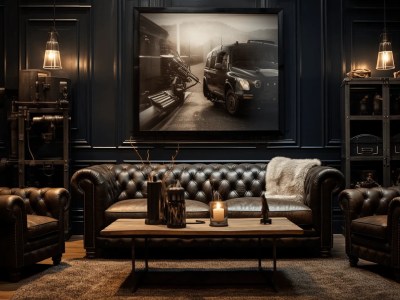 Black Living Room With Leather Furniture And A Painting On The Wall